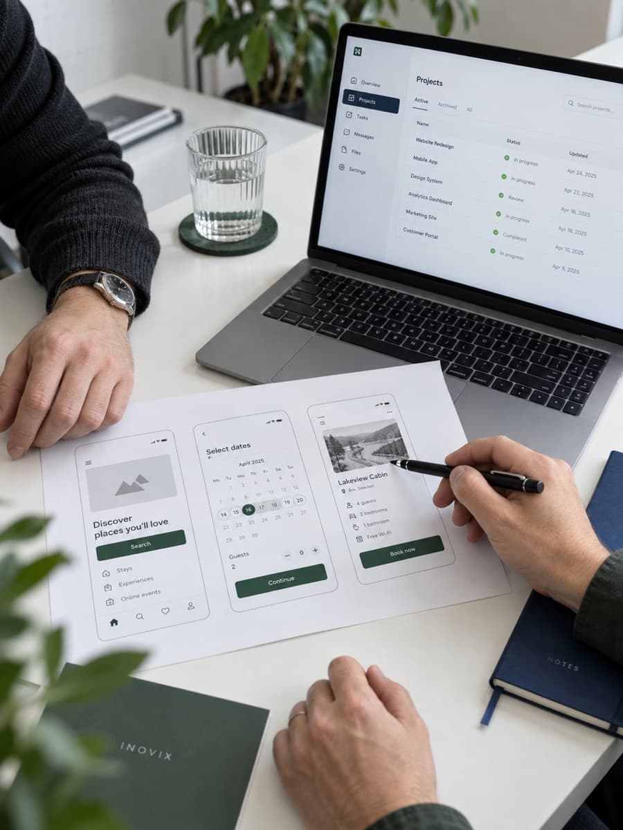 Illustrasjon av prosjektavklaring med mobilskisser og en digital produktoversikt.