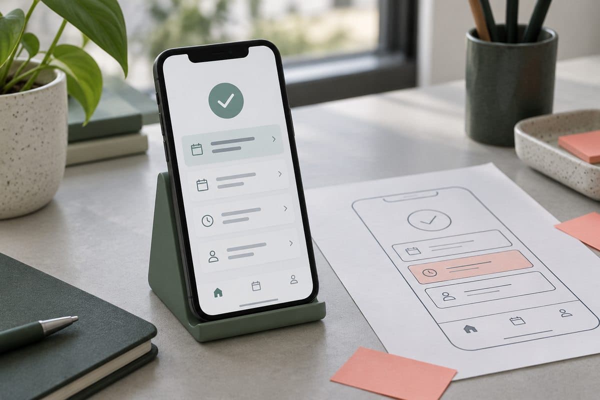 Generert illustrasjon av en kundeportal på mobil, ikke et eksisterende produkt.